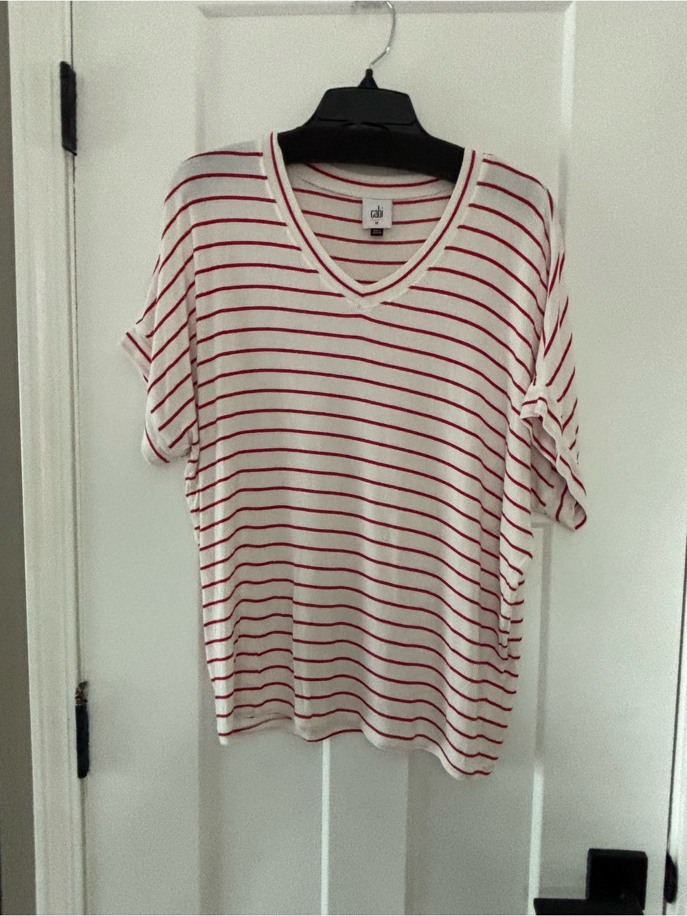CAbi White V-Neck Tee with Red Stripes new 6400